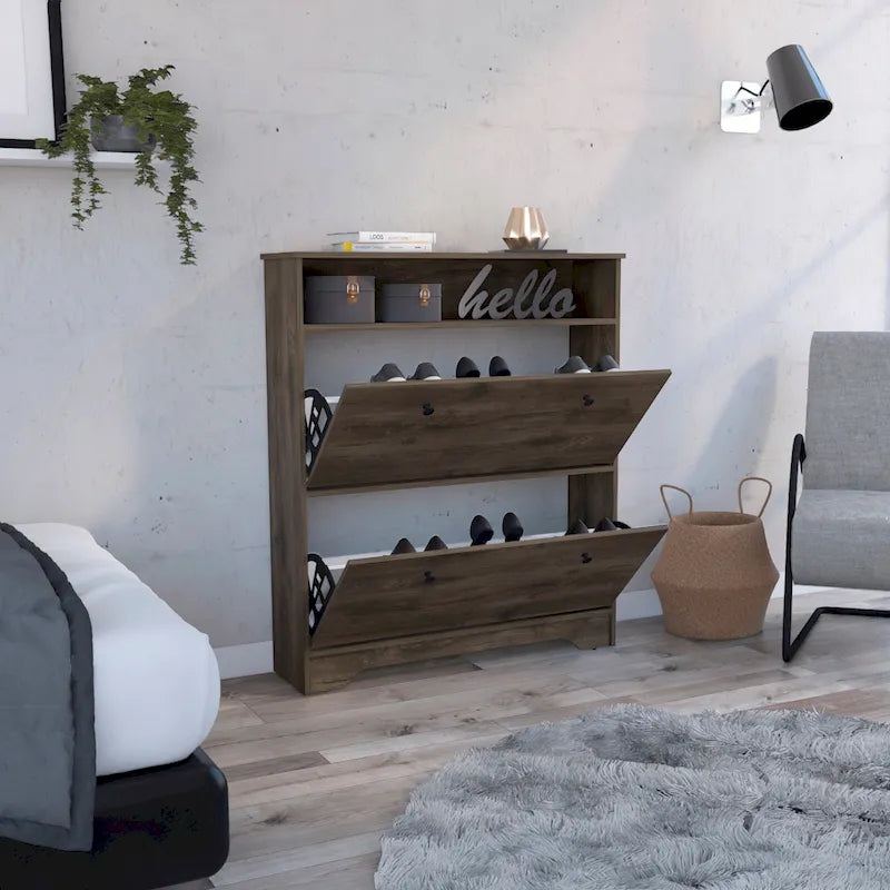 Meuble à chaussures marron foncé avec étagère ouverte et 2 compartiments abattants