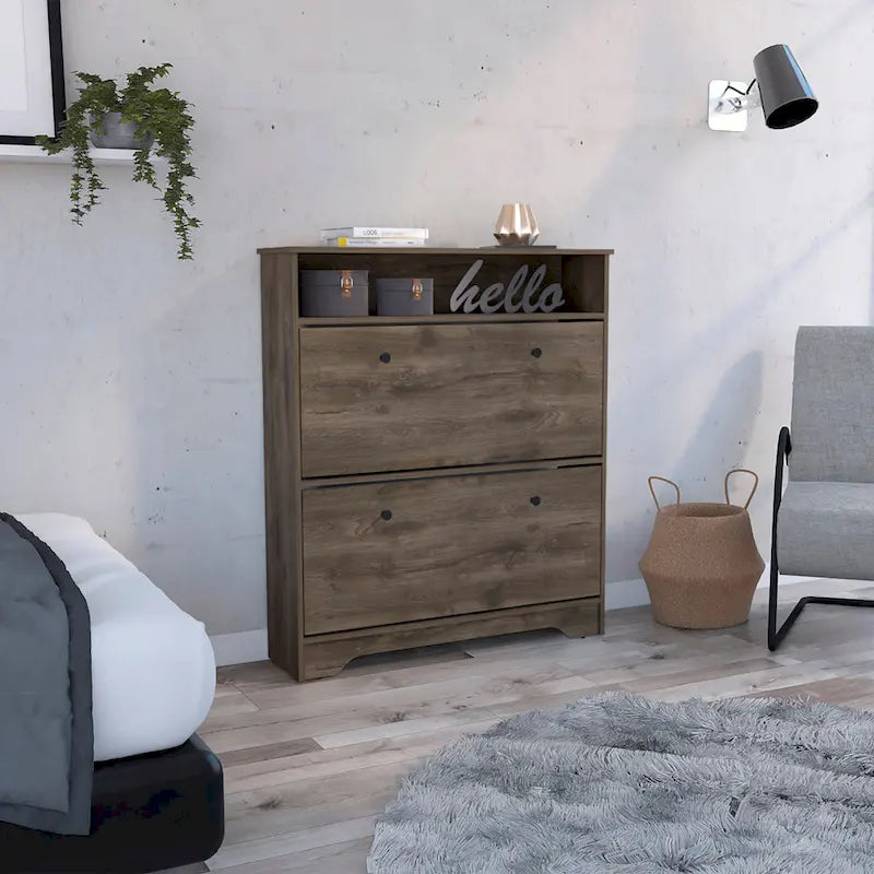 Meuble à chaussures marron foncé avec étagère ouverte et 2 compartiments abattants