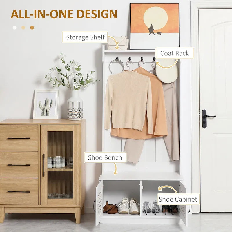 Meuble d'entrée blanc avec banc à chaussures, patères et étagères de rangement