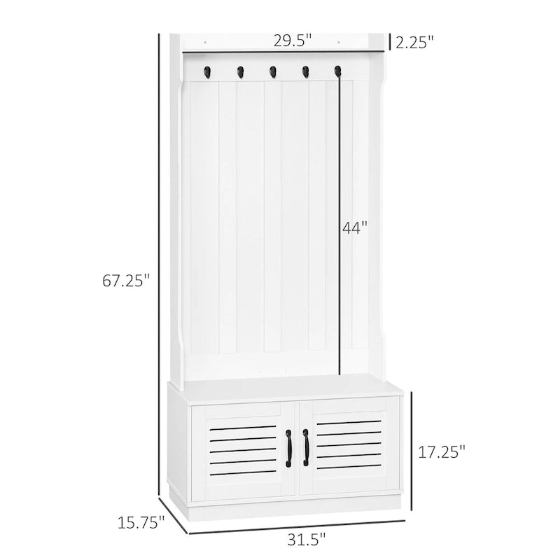 Meuble d'entrée blanc avec banc à chaussures, patères et étagères de rangement