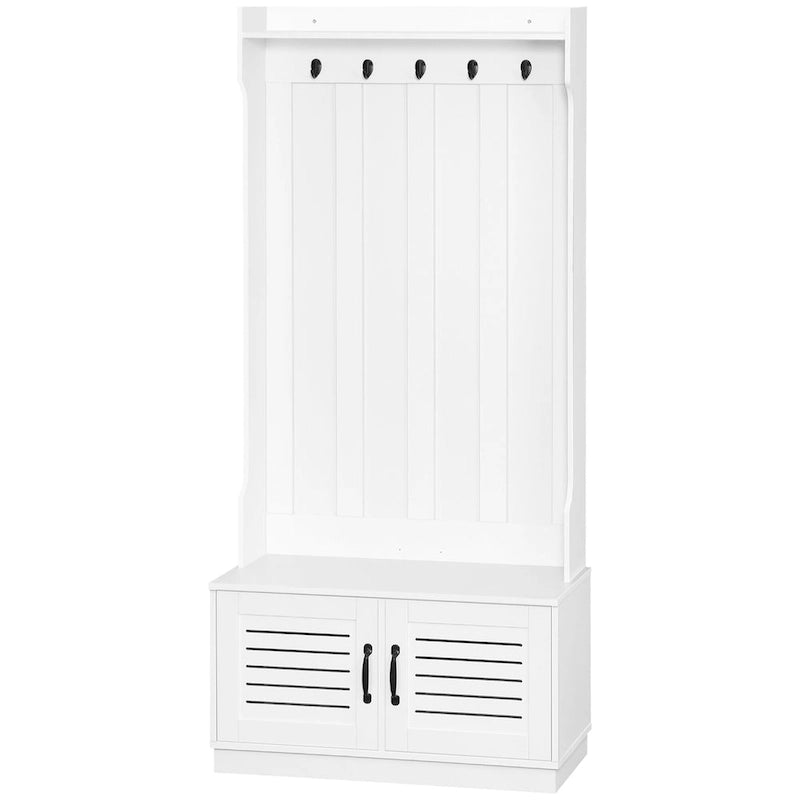 Meuble d'entrée blanc avec banc à chaussures, patères et étagères de rangement