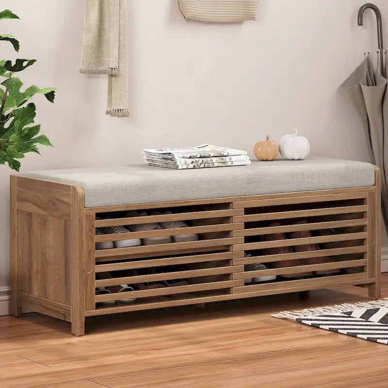 Banc de rangement façon persienne en placage d'acacia avec abattant