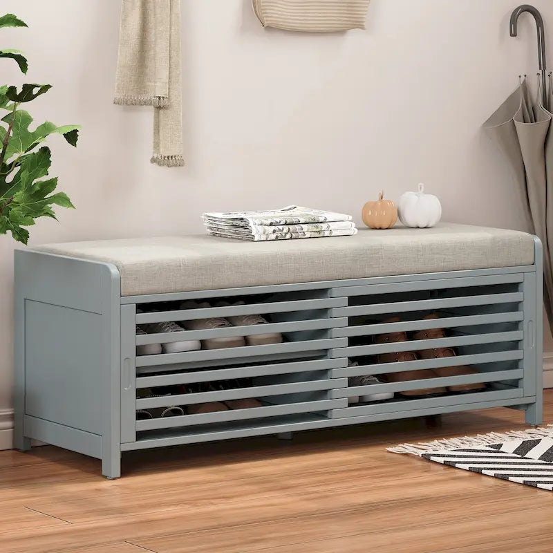 Banc de rangement façon persienne en placage d'acacia avec abattant