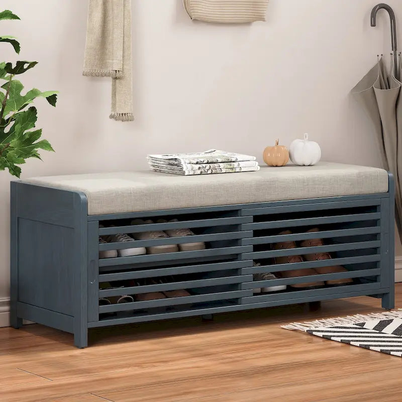 Banc de rangement façon persienne en placage d'acacia avec abattant