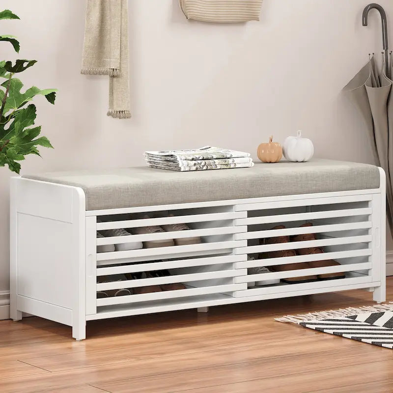 Entryway Shoe Cabinet, Distressed Shutter Storage Bench with Acacia Veneer for Retro Charm for Living Room, Entryway
