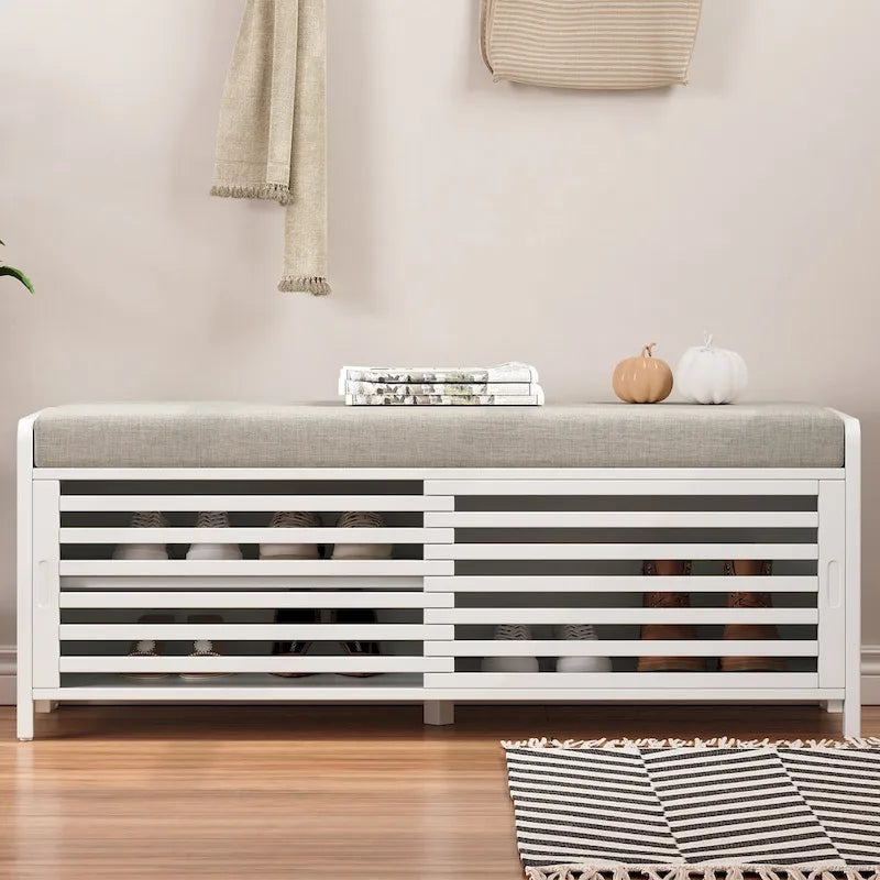 Banc de rangement façon persienne en placage d'acacia avec abattant