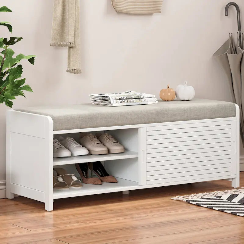 Banc de rangement façon persienne en placage d'acacia avec abattant