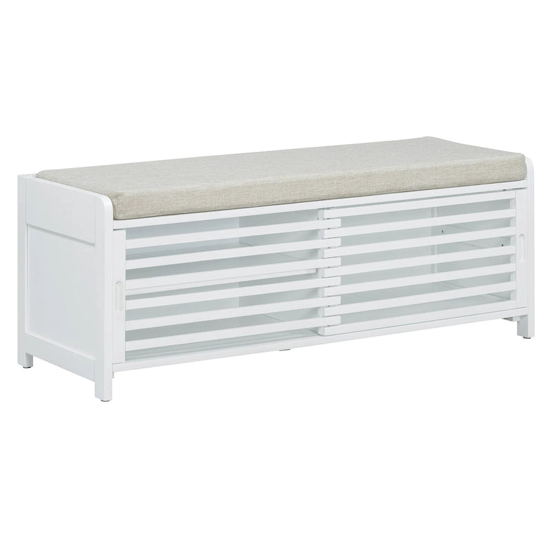 Banc de rangement façon persienne en placage d'acacia avec abattant
