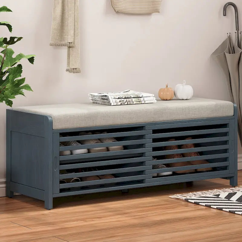 Banc de rangement façon persienne en placage d'acacia avec abattant