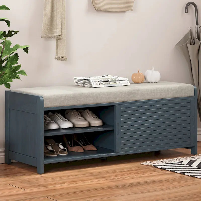 Banc de rangement façon persienne en placage d'acacia avec abattant