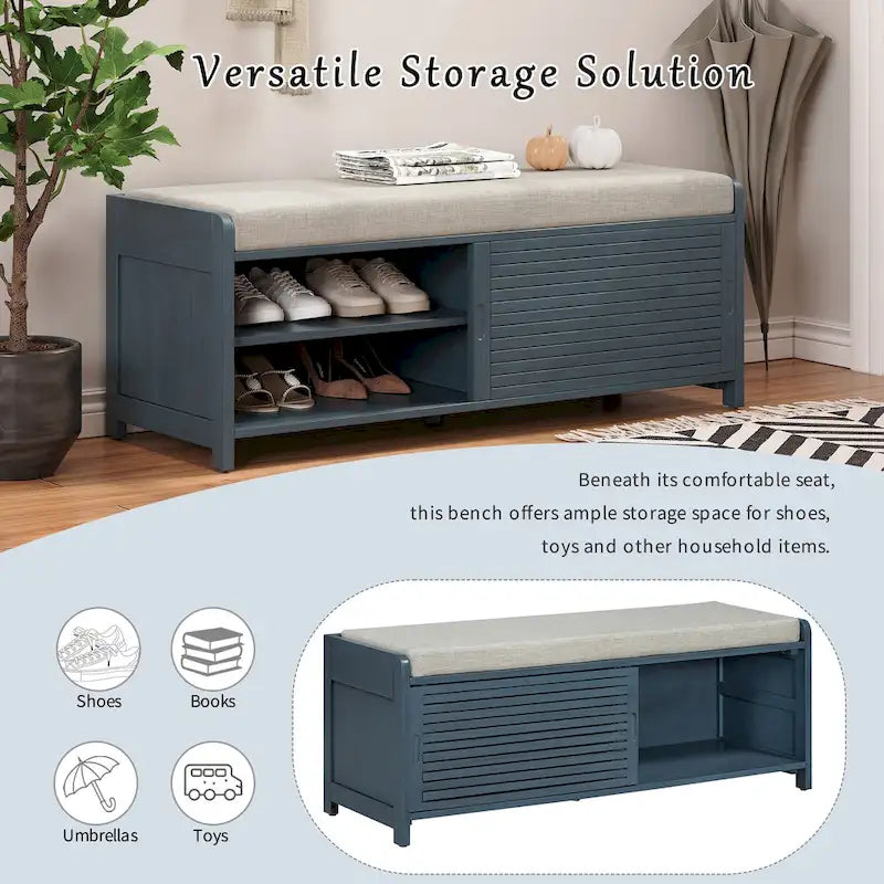 Banc de rangement façon persienne en placage d'acacia avec abattant