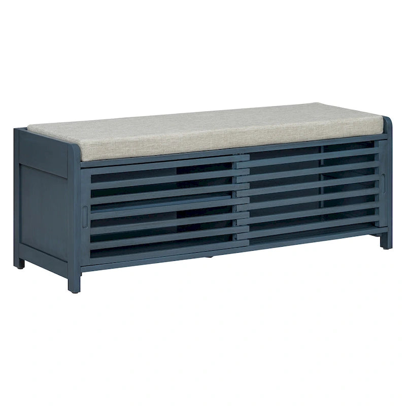 Banc de rangement façon persienne en placage d'acacia avec abattant