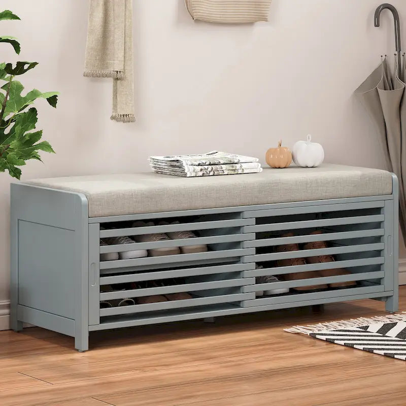 Banc de rangement façon persienne en placage d'acacia avec abattant