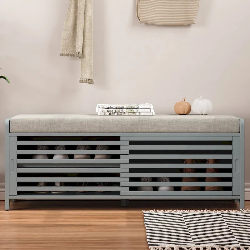 Banc de rangement façon persienne en placage d'acacia avec abattant