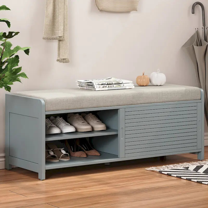Banc de rangement façon persienne en placage d'acacia avec abattant