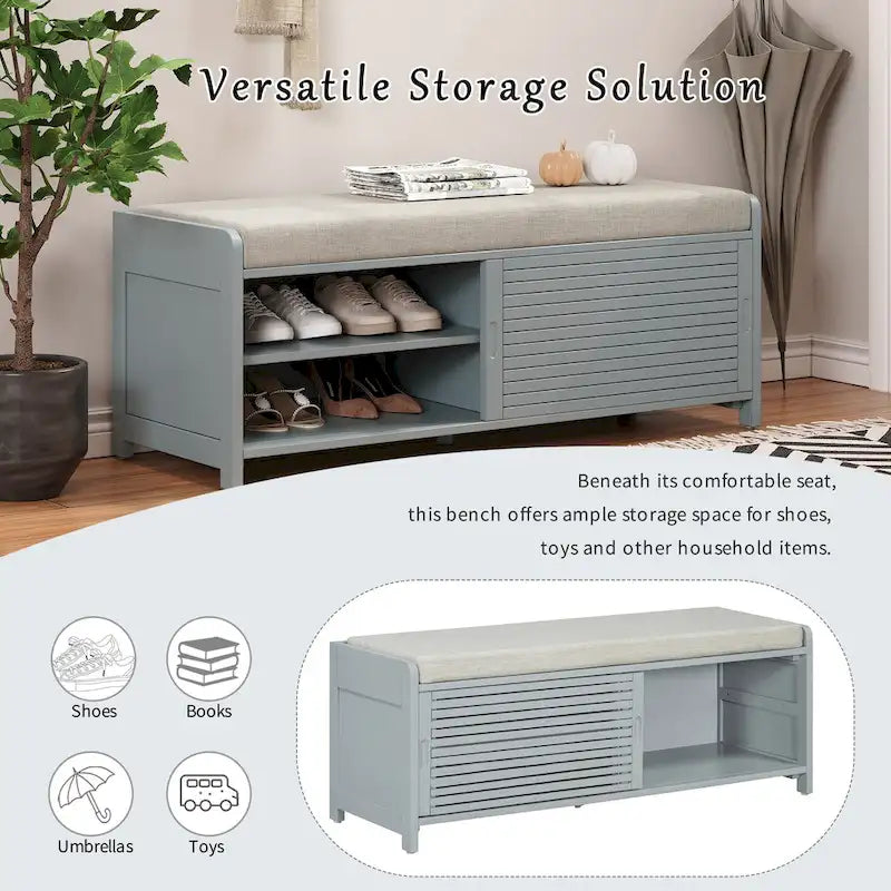 Banc de rangement façon persienne en placage d'acacia avec abattant