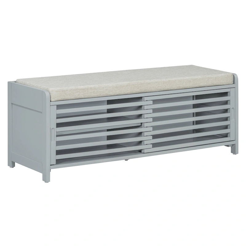 Banc de rangement façon persienne en placage d'acacia avec abattant