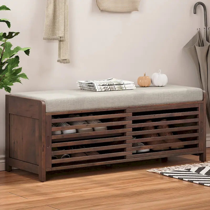 Banc de rangement façon persienne en placage d'acacia avec abattant
