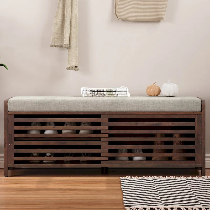 Banc de rangement façon persienne en placage d'acacia avec abattant
