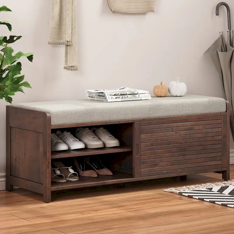 Banc de rangement façon persienne en placage d'acacia avec abattant