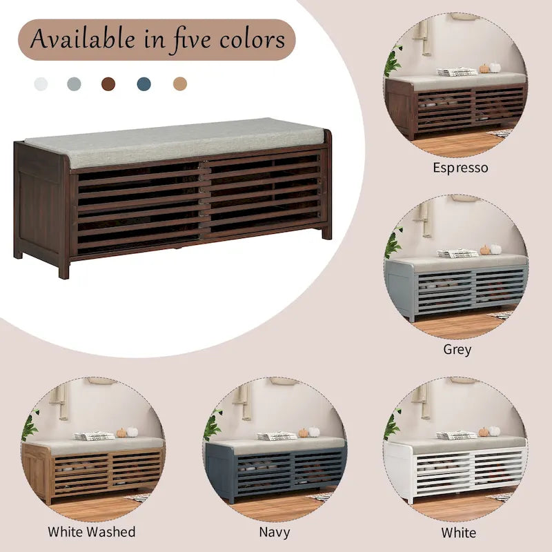 Banc de rangement façon persienne en placage d'acacia avec abattant