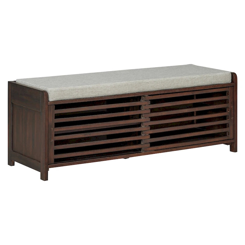 Banc de rangement façon persienne en placage d'acacia avec abattant