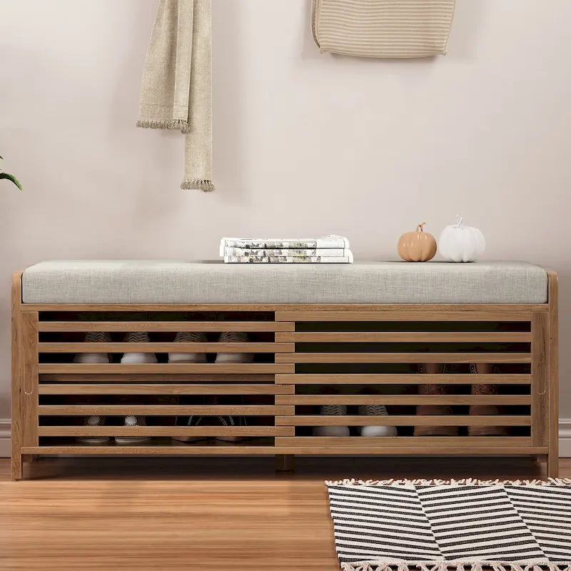 Banc de rangement façon persienne en placage d'acacia avec abattant