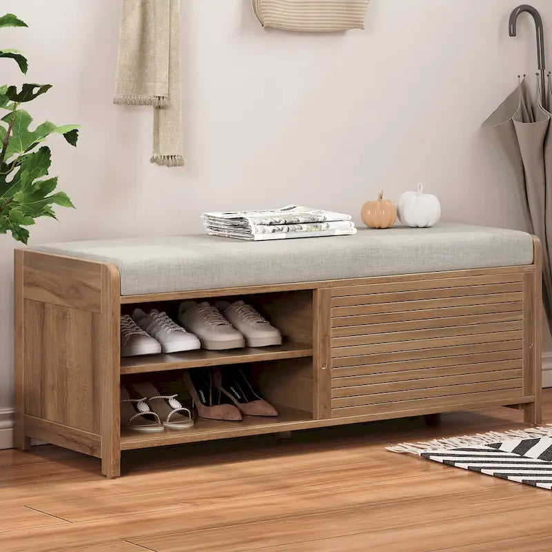 Banc de rangement façon persienne en placage d'acacia avec abattant