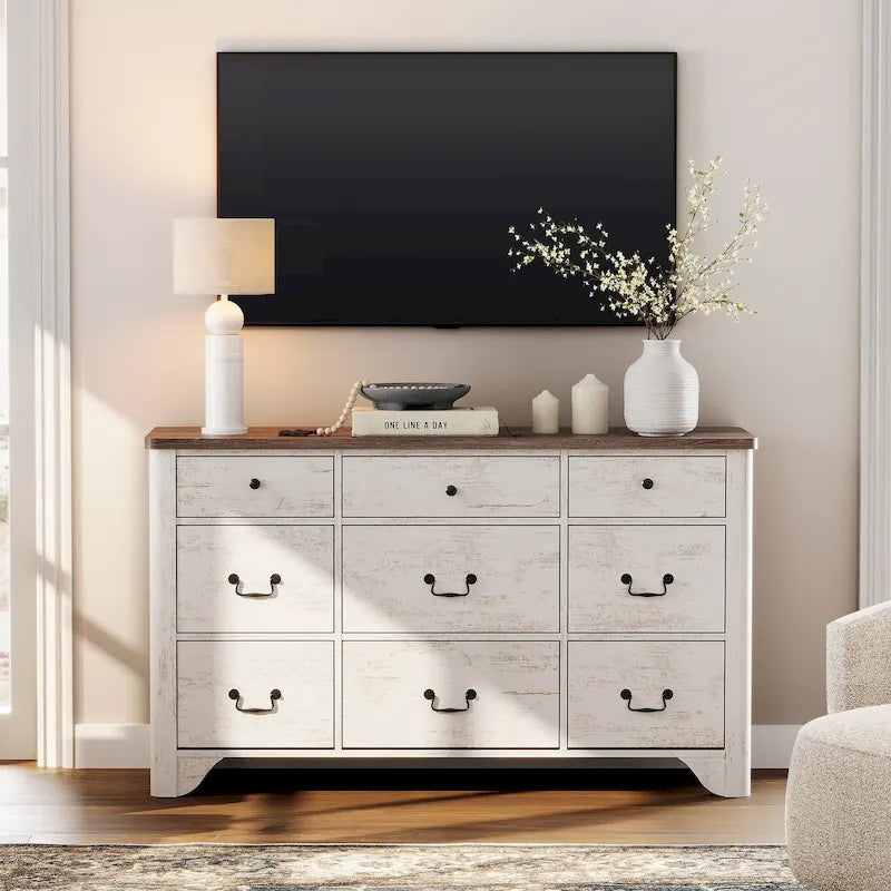 Commode Campagnarde à 9 Tiroirs avec Bords Courbés de 136 cm de Large - Compatible Meuble TV