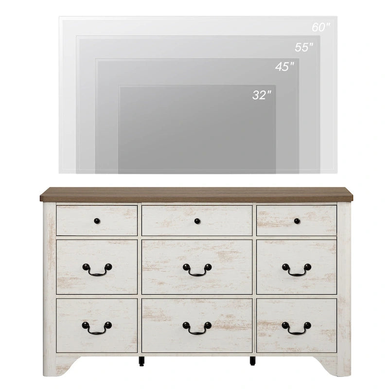 Commode Campagnarde à 9 Tiroirs avec Bords Courbés de 136 cm de Large - Compatible Meuble TV