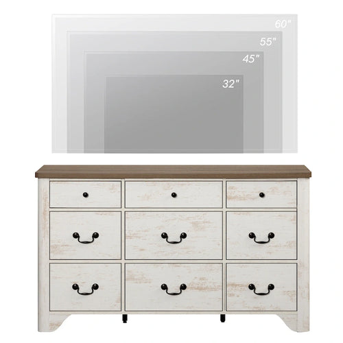 Commode Campagnarde à 9 Tiroirs avec Bords Courbés de 136 cm de Large - Compatible Meuble TV