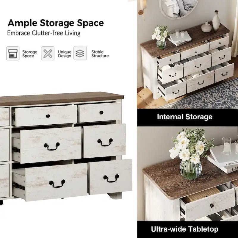 Commode Campagnarde à 9 Tiroirs avec Bords Courbés de 136 cm de Large - Compatible Meuble TV