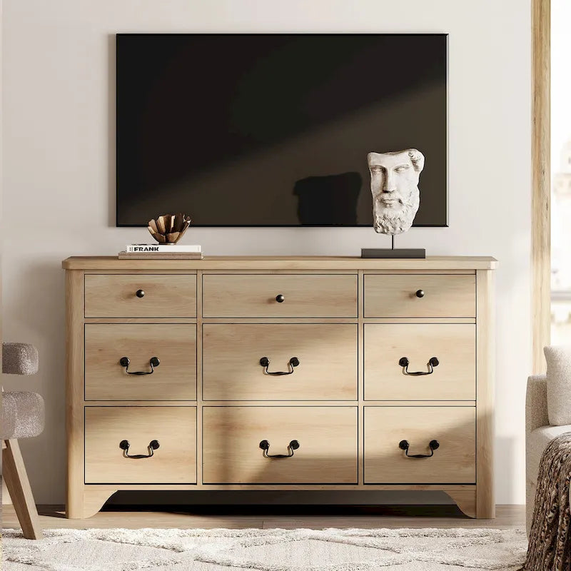 Commode Campagnarde à 9 Tiroirs avec Bords Courbés de 136 cm de Large - Compatible Meuble TV