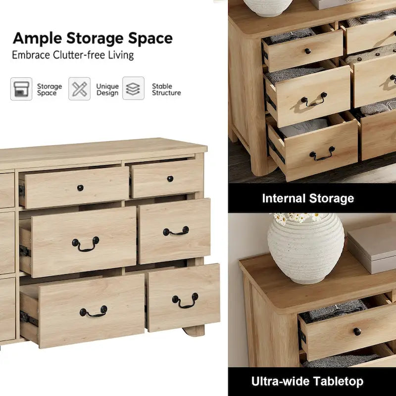 Commode Campagnarde à 9 Tiroirs avec Bords Courbés de 136 cm de Large - Compatible Meuble TV