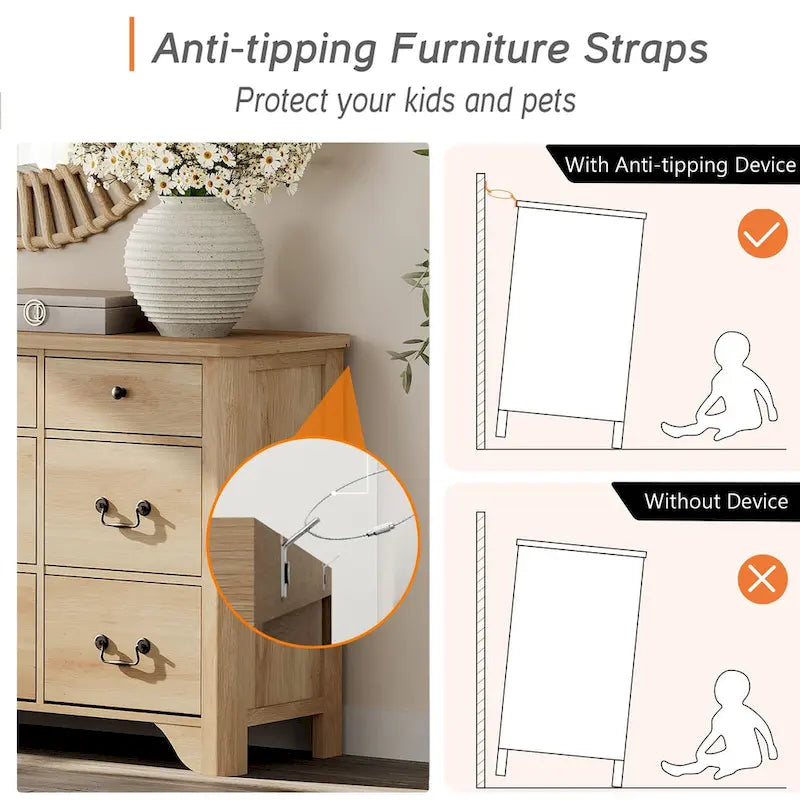 Commode Campagnarde à 9 Tiroirs avec Bords Courbés de 136 cm de Large - Compatible Meuble TV