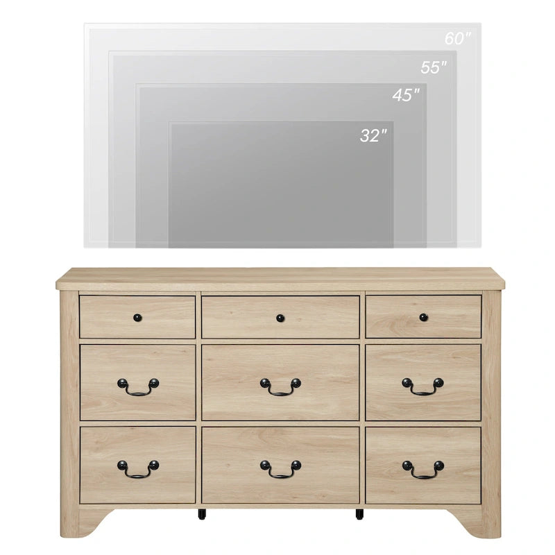 Commode Campagnarde à 9 Tiroirs avec Bords Courbés de 136 cm de Large - Compatible Meuble TV