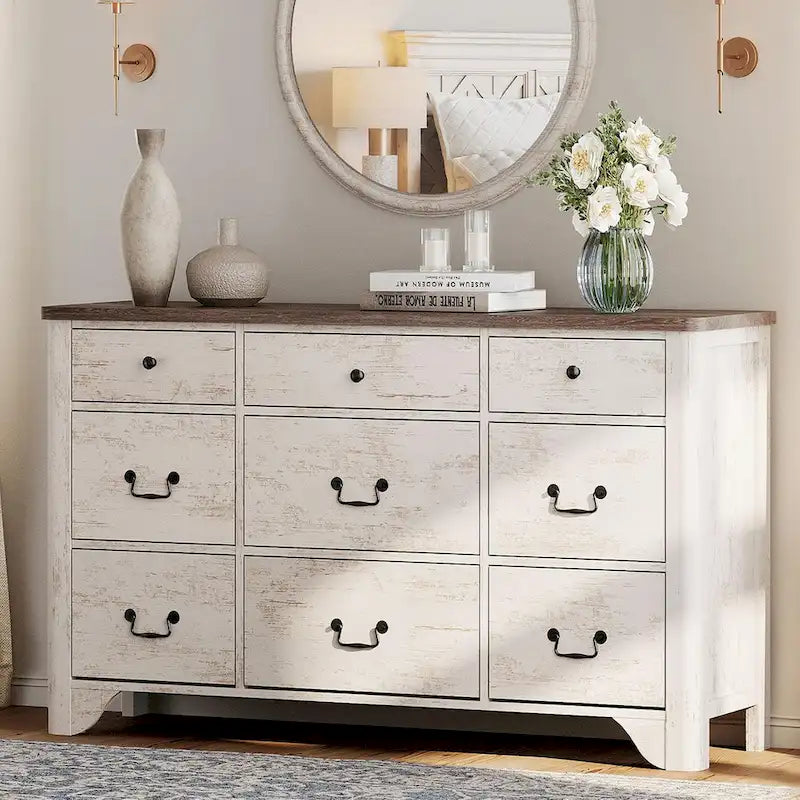 Commode Campagnarde à 9 Tiroirs avec Bords Courbés de 136 cm de Large - Compatible Meuble TV
