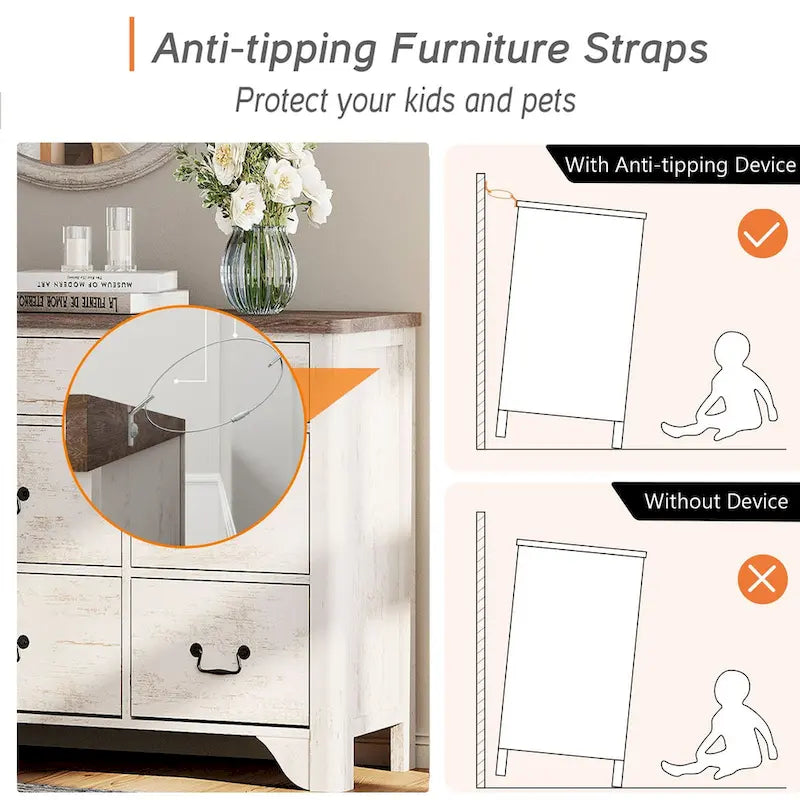 Commode Campagnarde à 9 Tiroirs avec Bords Courbés de 136 cm de Large - Compatible Meuble TV