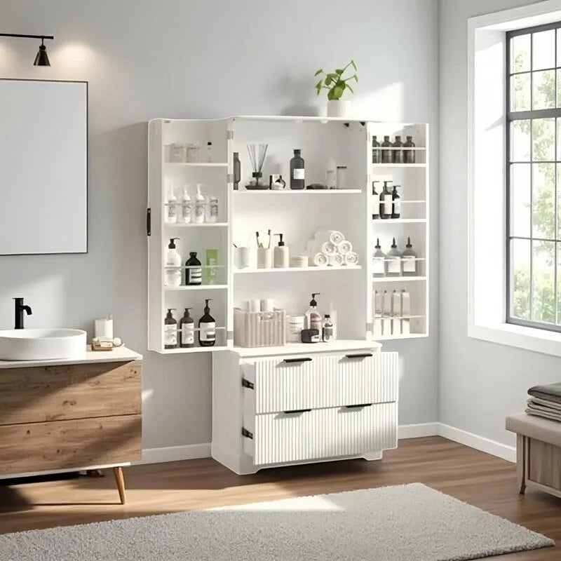 Meuble de salle de bain de style ferme avec tiroirs, casiers de porte et étagères