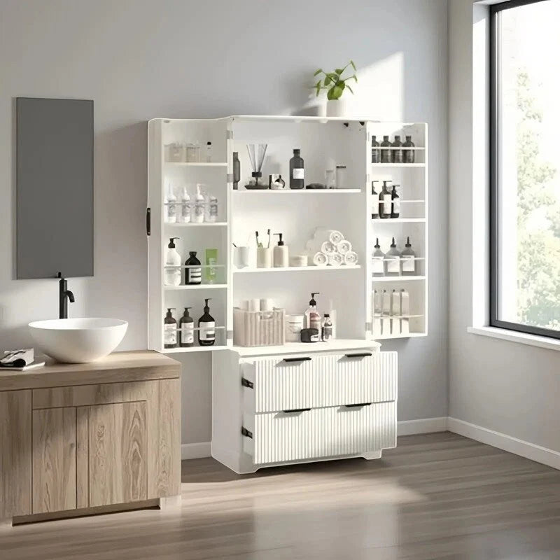 Meuble de salle de bain de style ferme avec tiroirs, casiers de porte et étagères