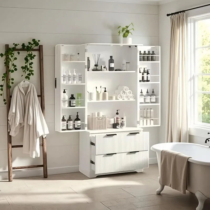 Meuble de salle de bain de style ferme avec tiroirs, casiers de porte et étagères