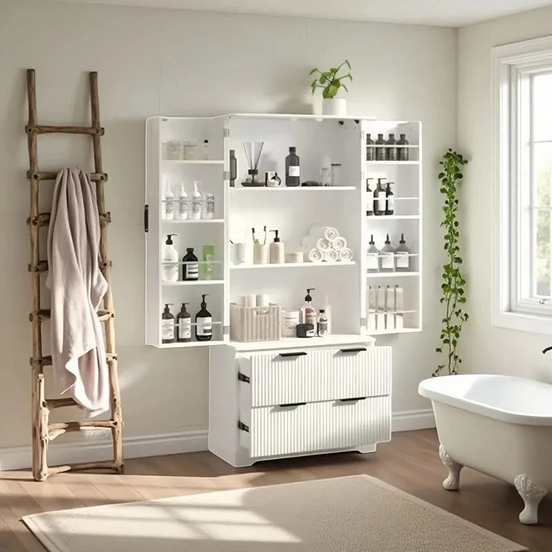 Meuble de salle de bain de style ferme avec tiroirs, casiers de porte et étagères