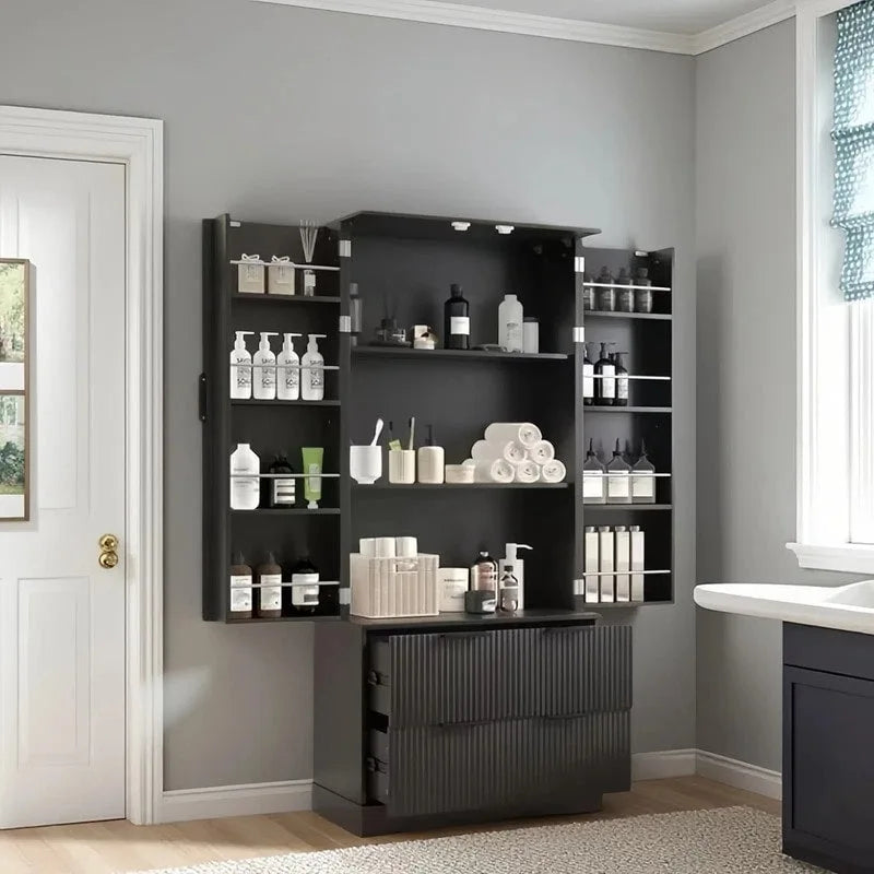 Meuble de salle de bain de style ferme avec tiroirs, casiers de porte et étagères