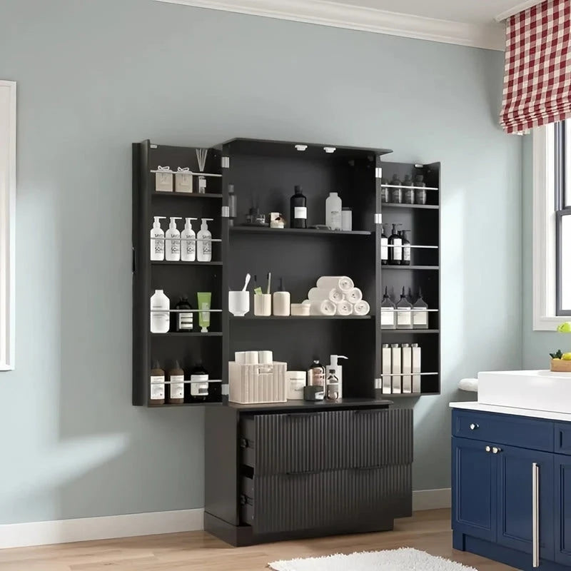 Meuble de salle de bain de style ferme avec tiroirs, casiers de porte et étagères