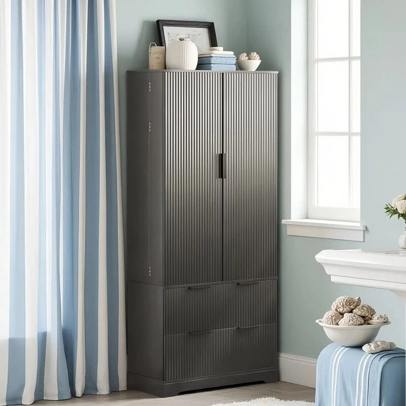 Meuble de salle de bain de style ferme avec tiroirs, casiers de porte et étagères