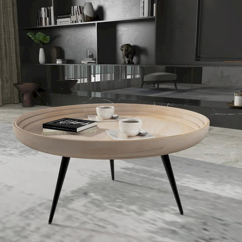 Table basse ronde de 30 po avec plateau en bois de mangue fait à la main - Blanc délavé