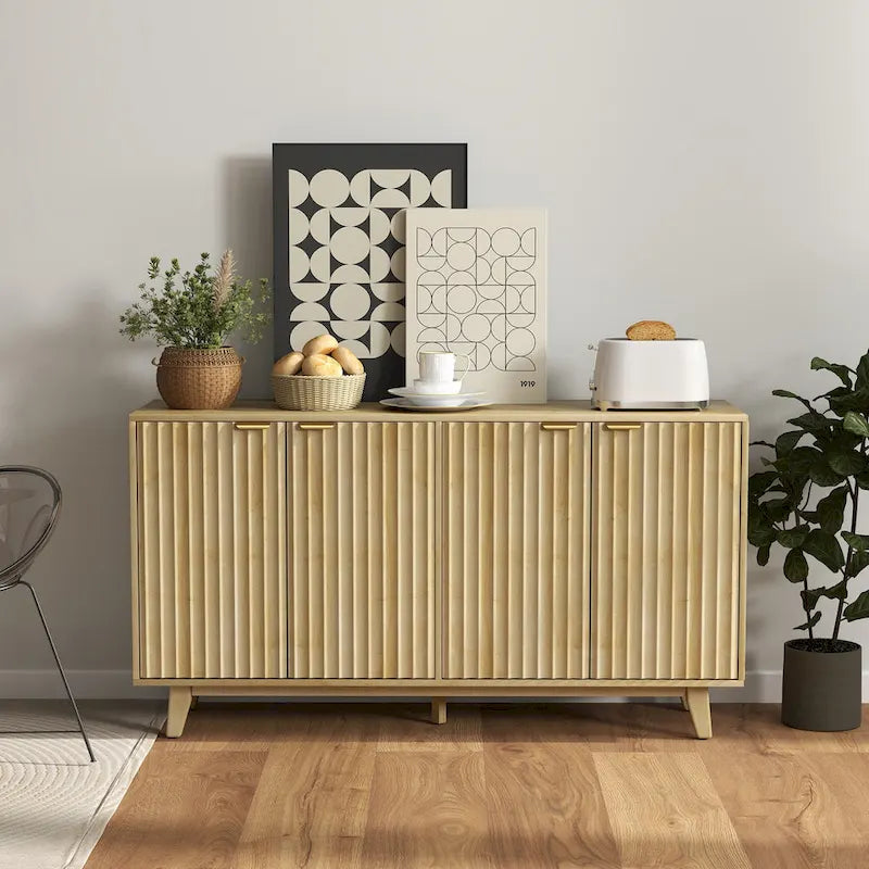 Buffet bahut cannelé de 55 pouces avec poignées dorées et 5 pieds en bois
