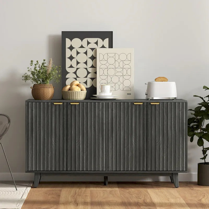 Buffet bahut cannelé de 55 pouces avec poignées dorées et 5 pieds en bois