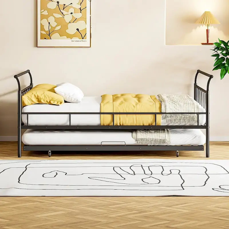Lit de repos en métal avec tête de lit en forme de maison et lit gigogne coulissant
