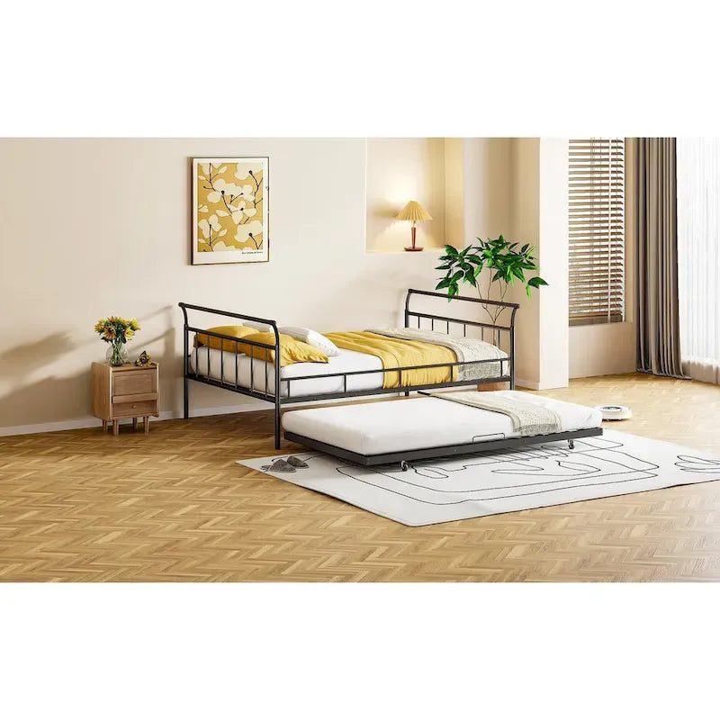 Lit de repos en métal avec tête de lit en forme de maison et lit gigogne coulissant